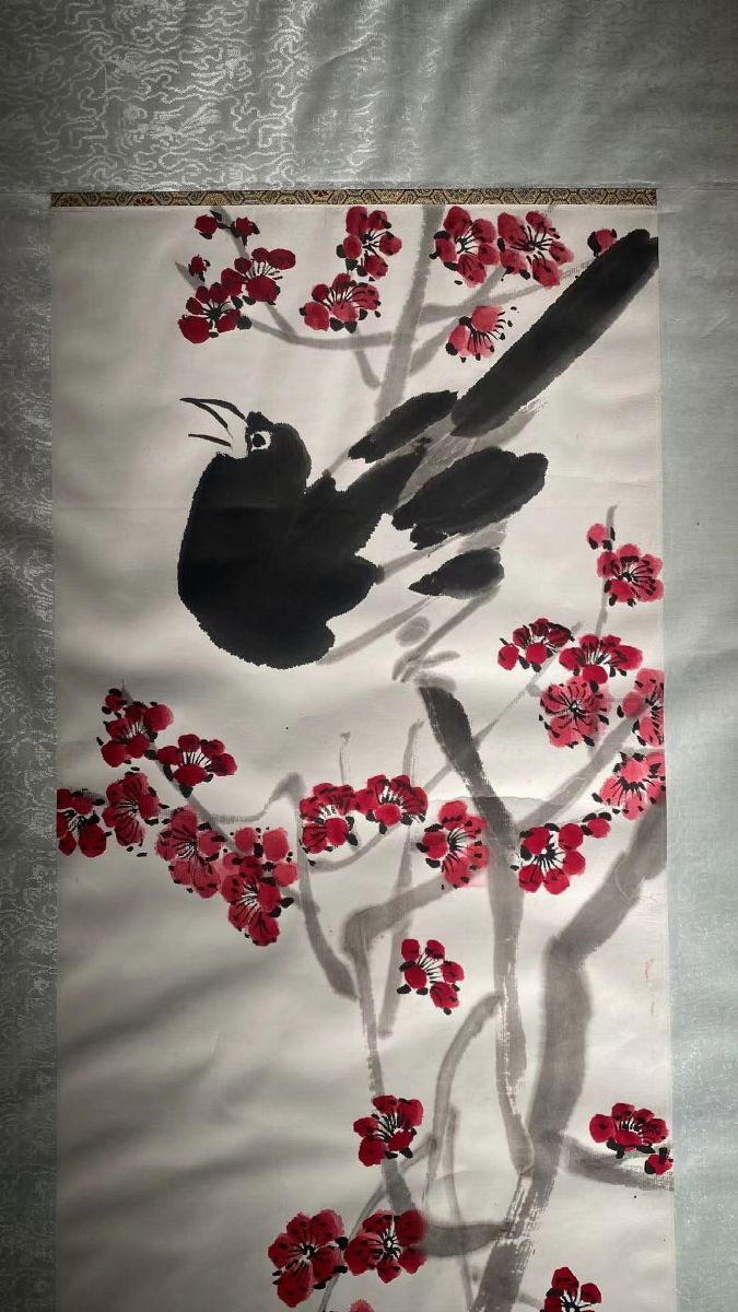 Qi Baishi, Dipinto su carta con uccello e fiori rossi, inchiostro su carta
