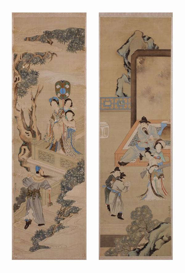  DUE DIPINTI RAFFIGURANTI SCENE DI CORTE E PAESAGGIO   (Cina, XIX secolo)  - Asta Fine Asian Art - Marcopolo srl - Marcopolo Asian Art Auction Milano